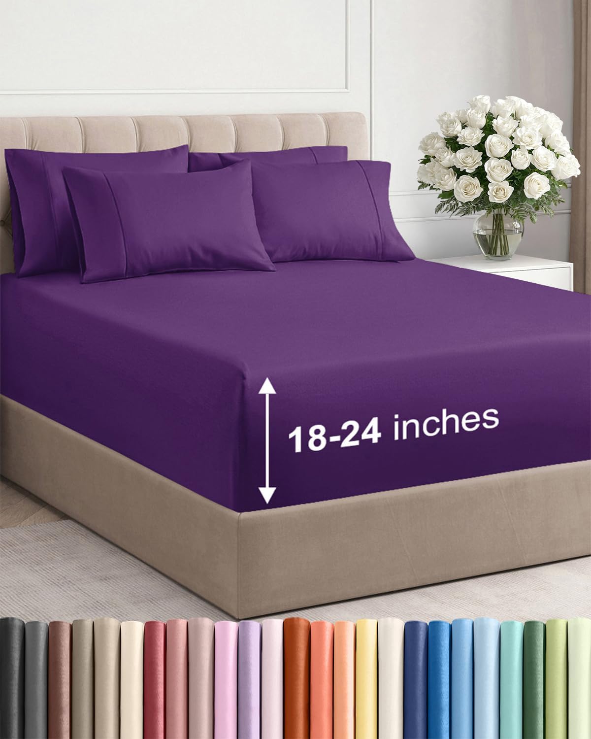 Skiennix Extra Deep Queen Sheet Set - 6 Piece Breathable Cooling Bedding - Soft Wrinkle-Free Purple