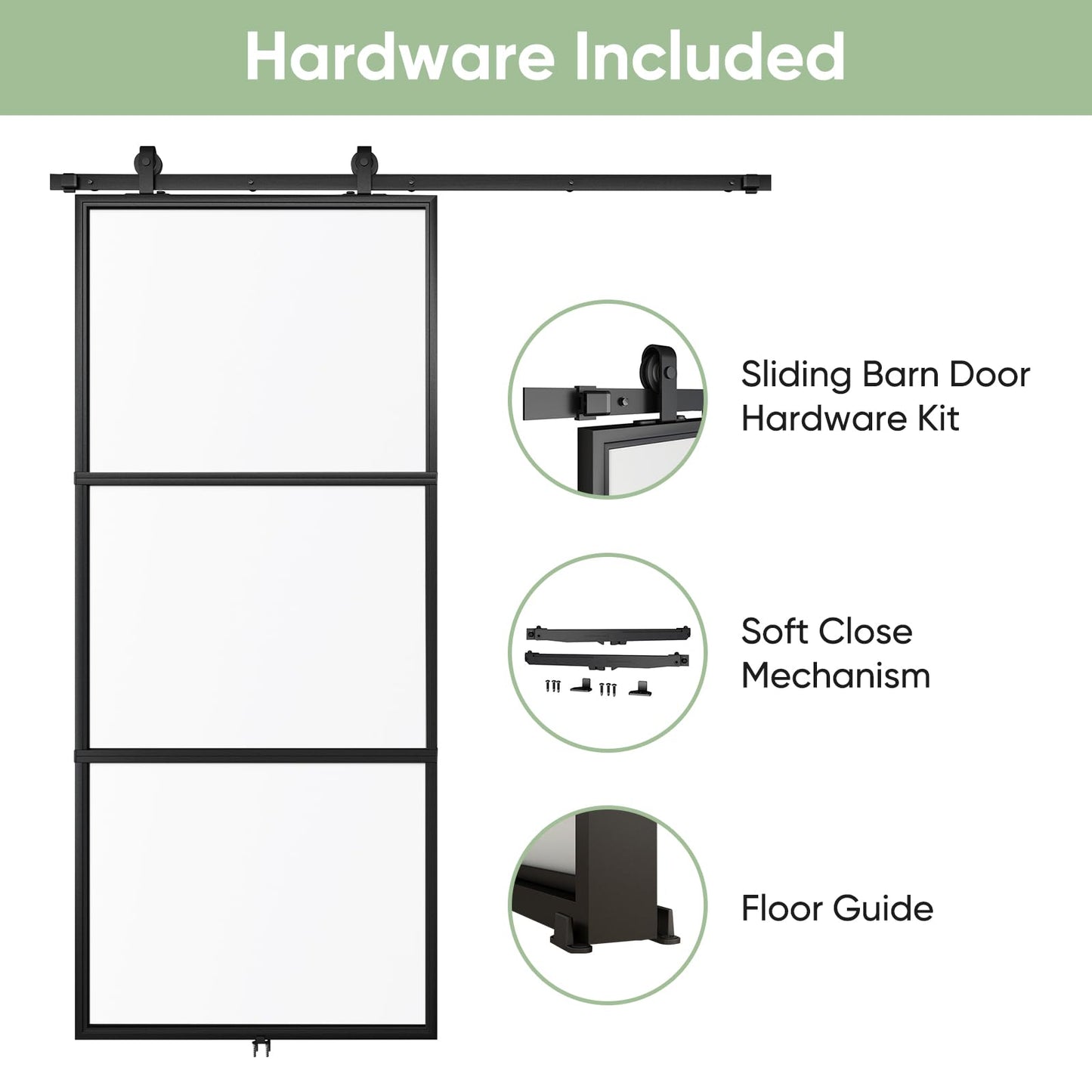 BARNSMITH 34in x 84in Frosted Glass Barn Door with 5.7FT Top Mounted Hardware kit Include Soft Close Mechanism Black Carbon Steel Tempered Frosted Glass Sliding Door, Easy Assembly