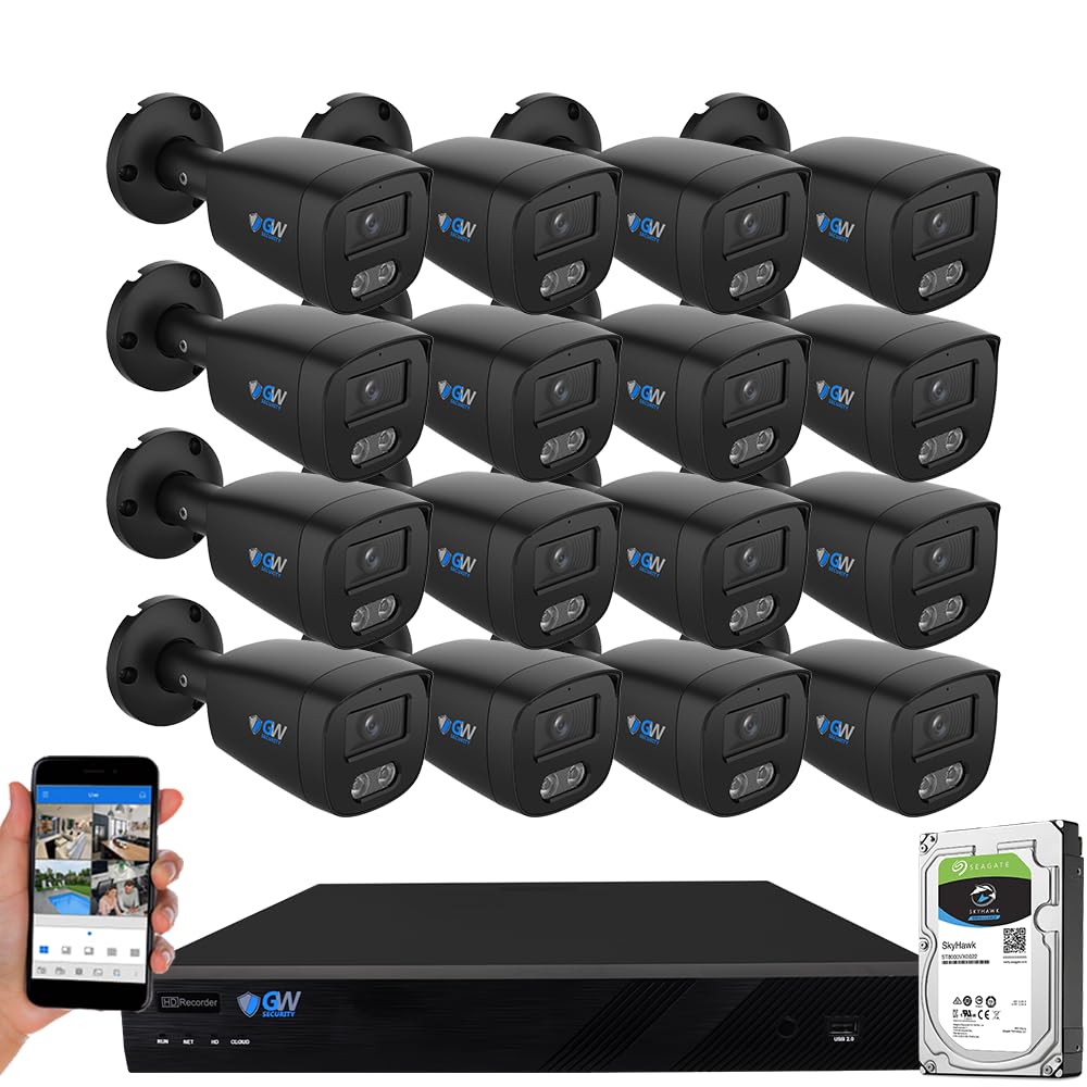 GW Security 16 Channel 12MP NVR 4K Security Camera System with 16 x 8MP PoE Full-Time Color Night Vision Outdoor/Indoor Microphone Acusearch Smart AI Bullet Cameras, 4TB HDD, No Monthly Fees (Black)