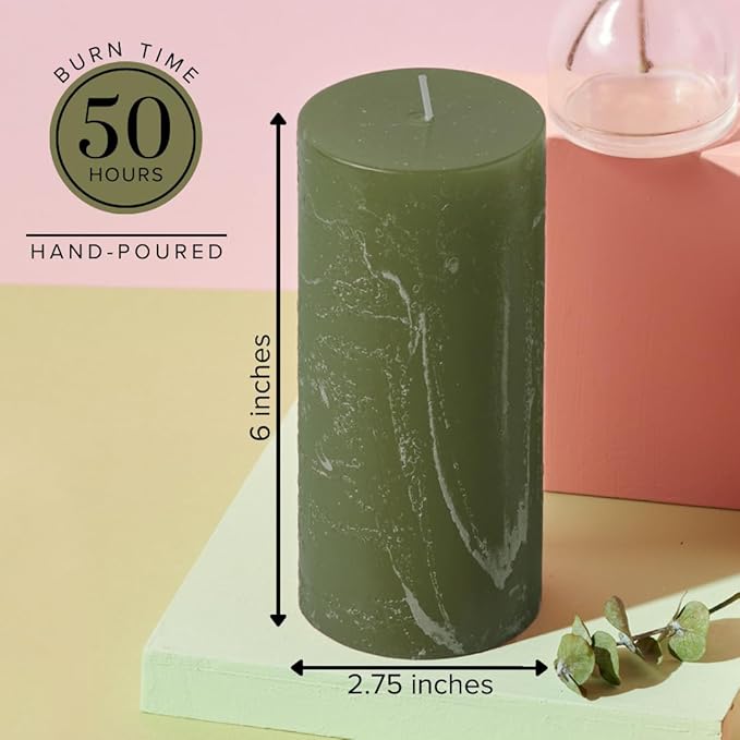 Simply Soson 3x6 inch Dark Moss Green Pillar Candles Set of 3, Rustic Texture, Unscented Green Candles, Dripless Candles, 3 inch Pillar Candles for Wedding Parties Spas Dinner Home Decoration Church