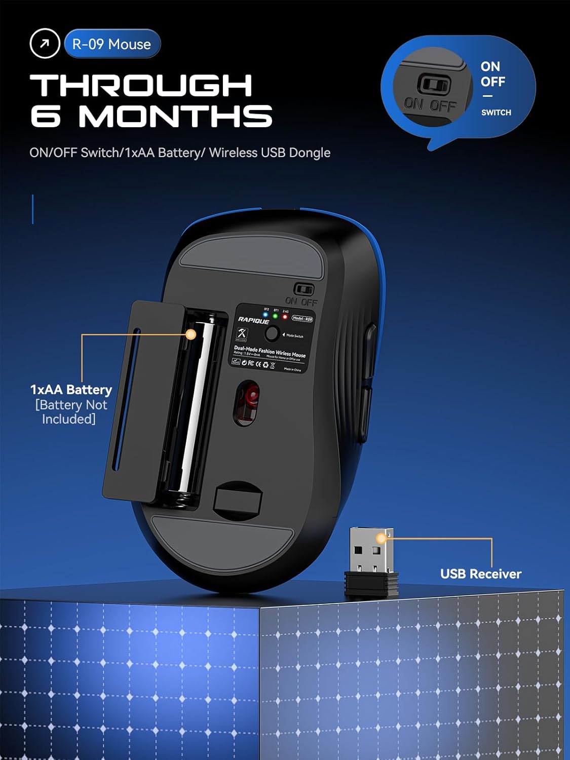 RAPIQUE 2.4 Bluetooth Wireless Mouse - Dual Bluetooth & GHz USB Receiver, Comfortable Grip, Quiet Clicks, Low Power