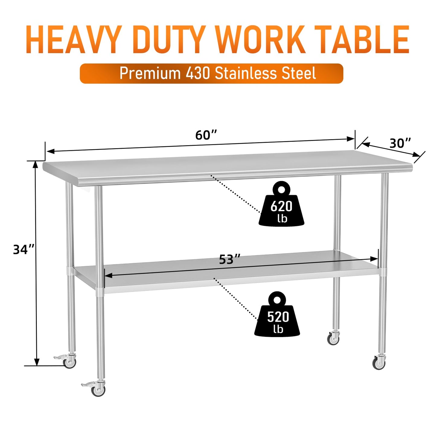 HOCCOT Stainless Steel Table with Wheels for Food Prep & Work 30" x 60" Utility Table with Adjustable Undershelf, Commercial Workstation in Kitchen, Garage, Home and Hotel