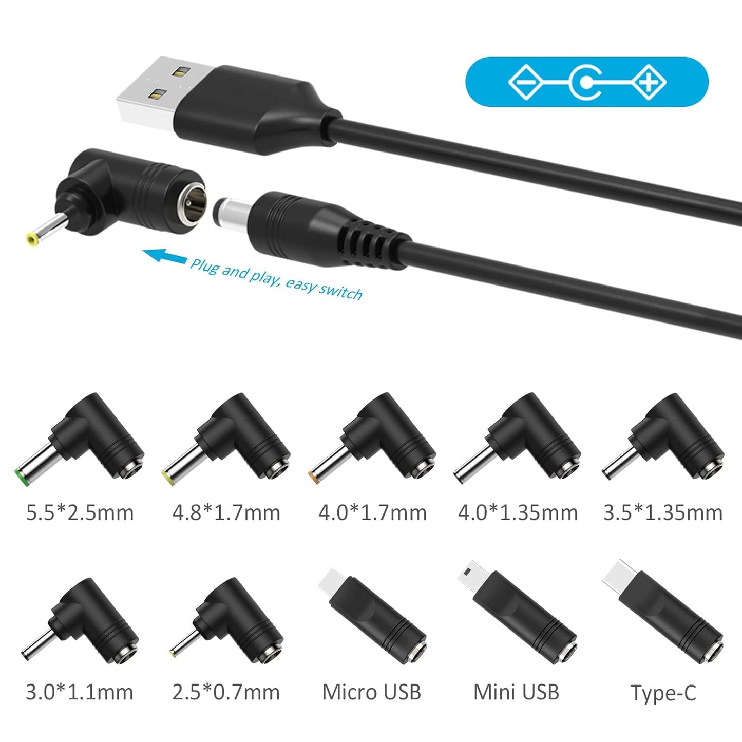 10-in-1 5V 5.52.1mm 5FT Belker Universal DC Power Cable,USB to DC Plug with Type-C, Micro USB, Mini USB and More
