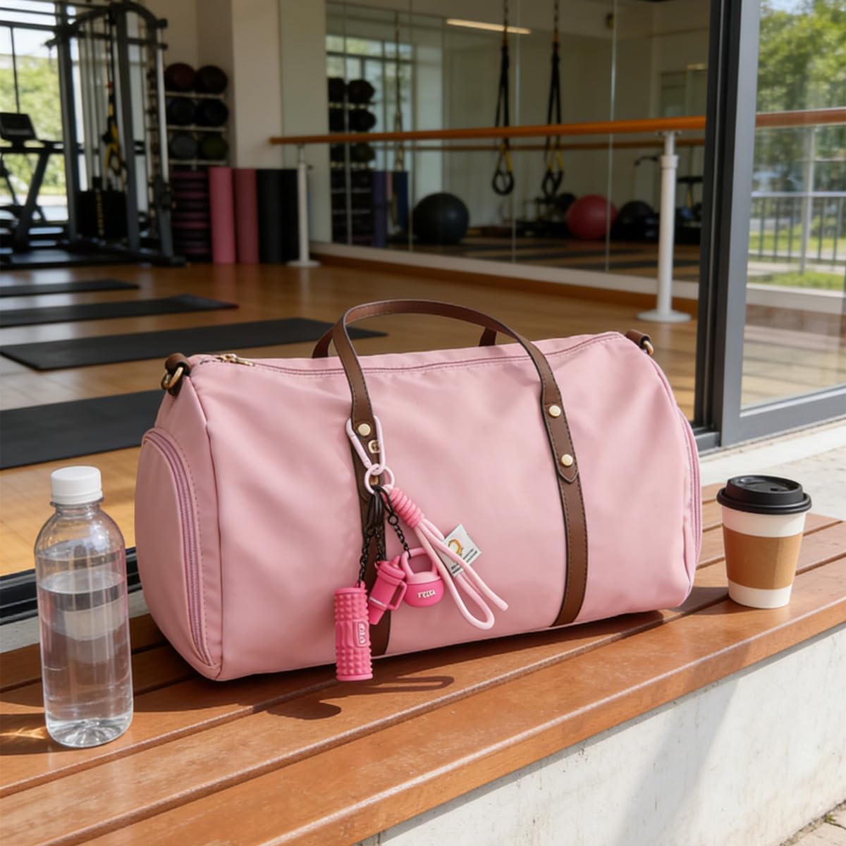 Pomelo Life Yoga Lover Wristlet Keychain - Bag Charms with Foam Roller, Kettlebell and Tumbler, Gift for Yogi Women & Fitness Enthusiasts (Pink)