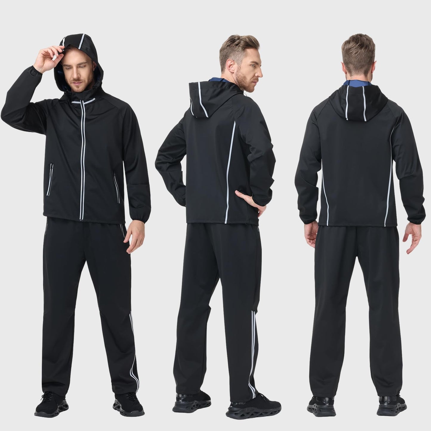 Donason Men's Sauna Suit Full Body Sweat Suit with Hood for Weight Loss Durable Sauna Jacket Pants for Gym Workout Body Shaper Heat-Trapping Fitness Shapeweasr Long Sleeve Tracksuit Zipper Top Bottom
