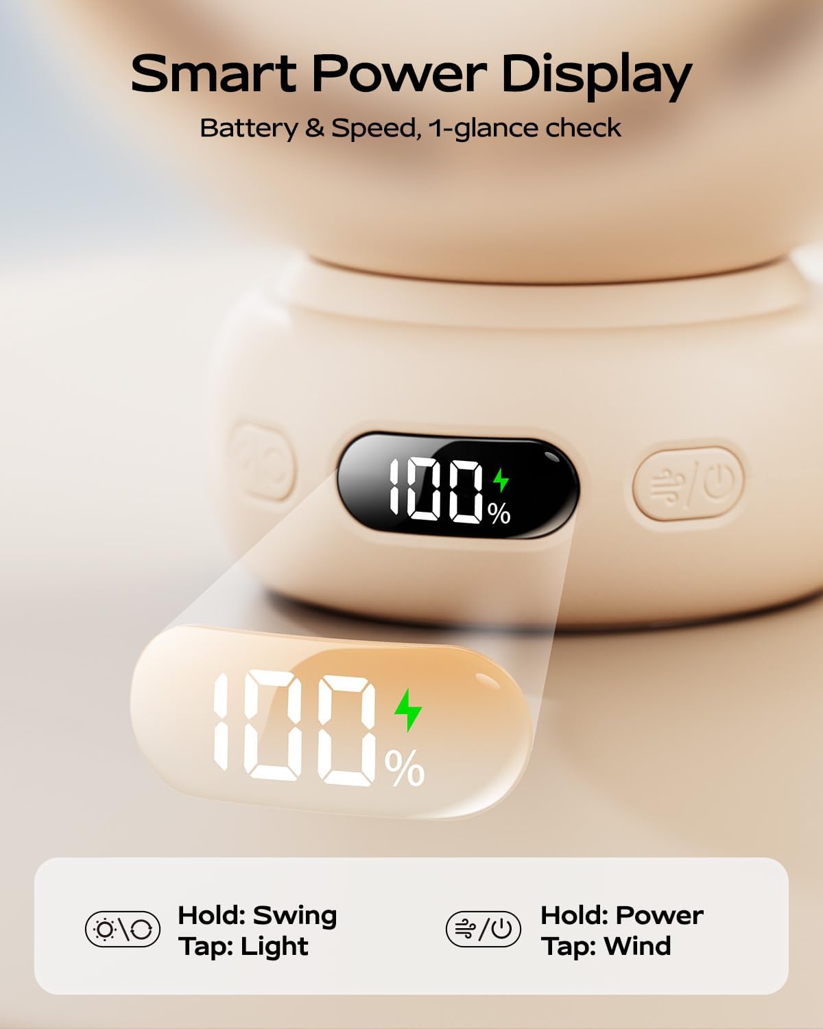 Skiennix Mini Portable Stroller Fan - 60° Auto Oscillation, USB-C Rechargeable, 4 Speeds, Night Light & Tripod (Brown)