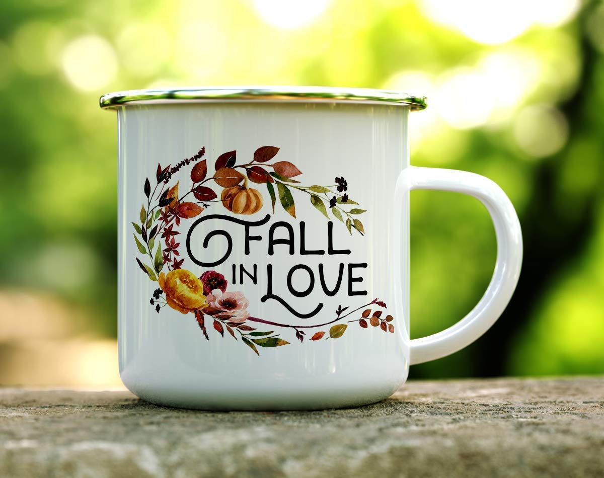 Fall in Love Autumn Coffee Camp Mug, Fall Lover Enamel Outdoor Camping Mug, Thanksgiving Pumpkin Spice Sweater Weather Cup (12oz)
