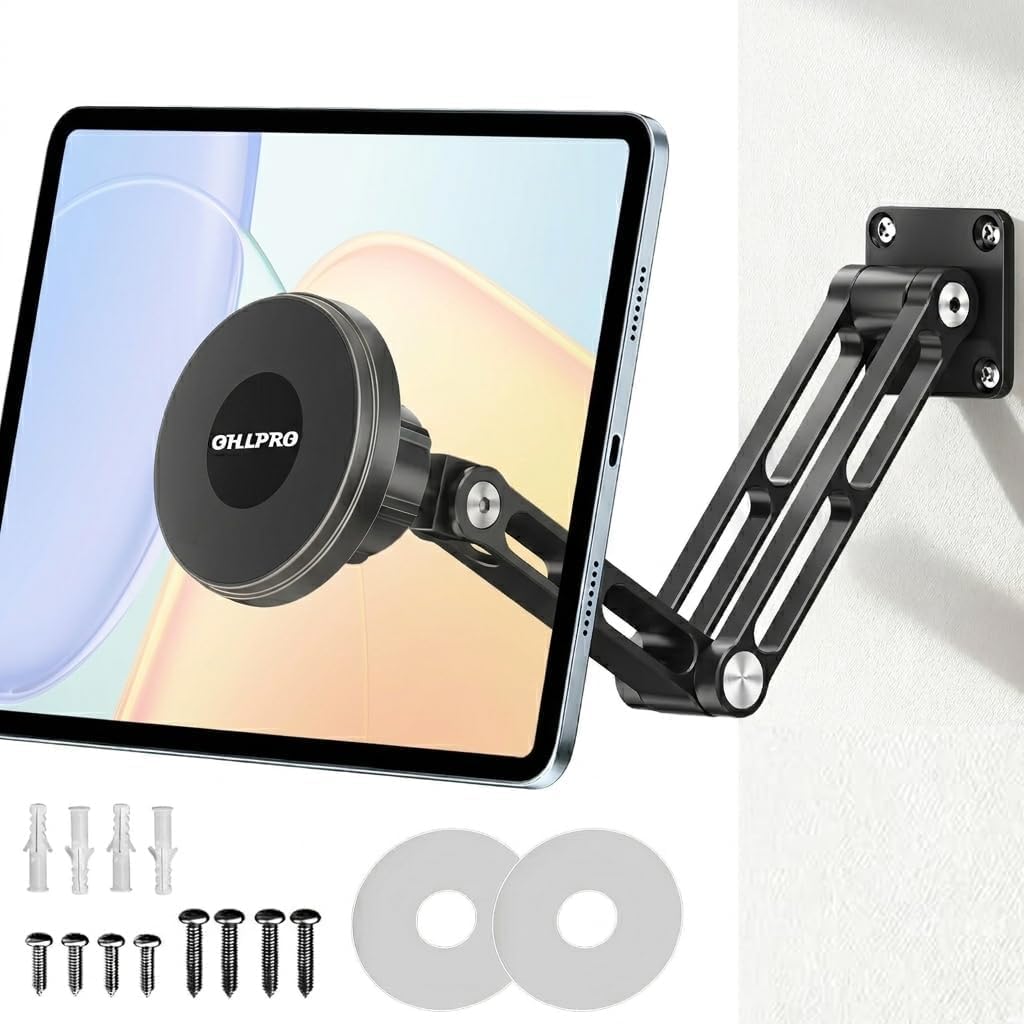 OHLPRO Magnetic Tablet Wall Mount Holder for iPad with 2-Stage Adjustable Foldable Aluminum Arm, Wall Phone Holder Compatible with MagSafe iPhone 12-17 Series Tablet, Great for Home Gym Kitchen