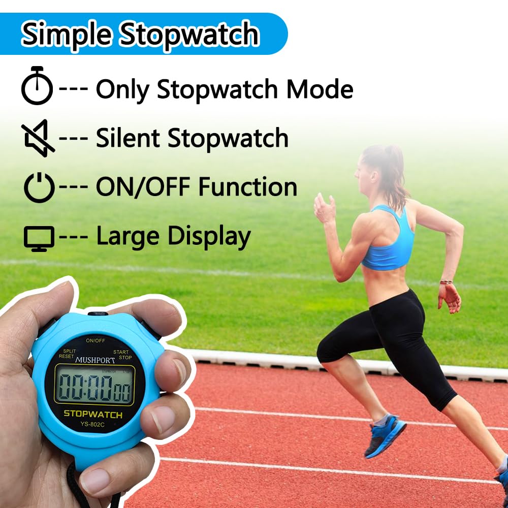 MUSHPORT Stopwatch Timer Only Stopwatch Mode, ON/Off Silent Large Display Simple Operation, Without Clock Date Countdown, Digital Stop Watch for Sports Kids Coaches, Blue