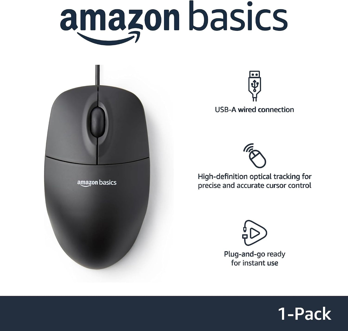 Amazon Basics 3-Button Wired USB Mouse - Design, Black