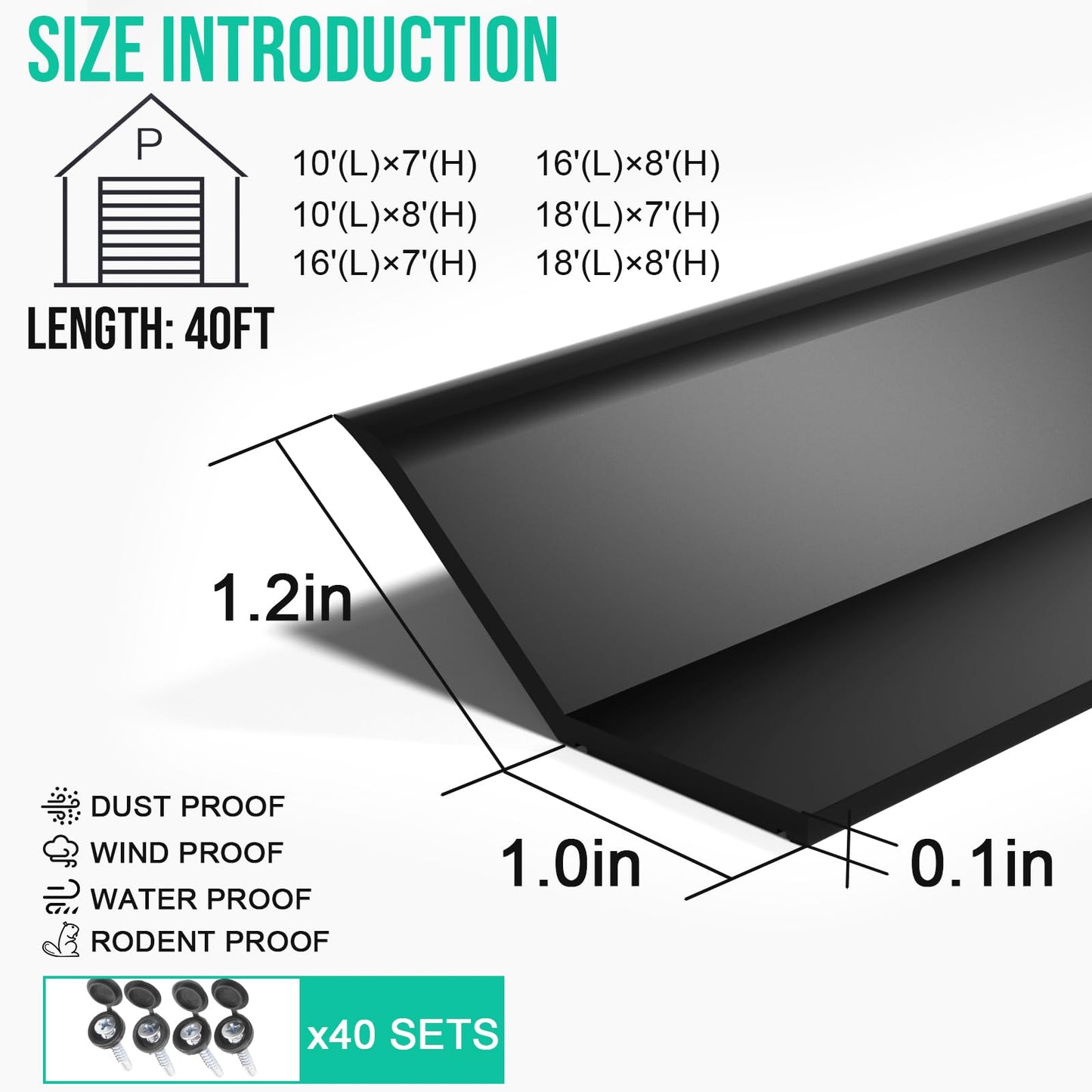 Garage Door Seal Top and Sides - Jobon 40FT Black Flexible TPE Self Adhesive Weather Stripping Kit | Block Rodents Drafts Rain Dust | Easy DIY Installation Universal Replacement