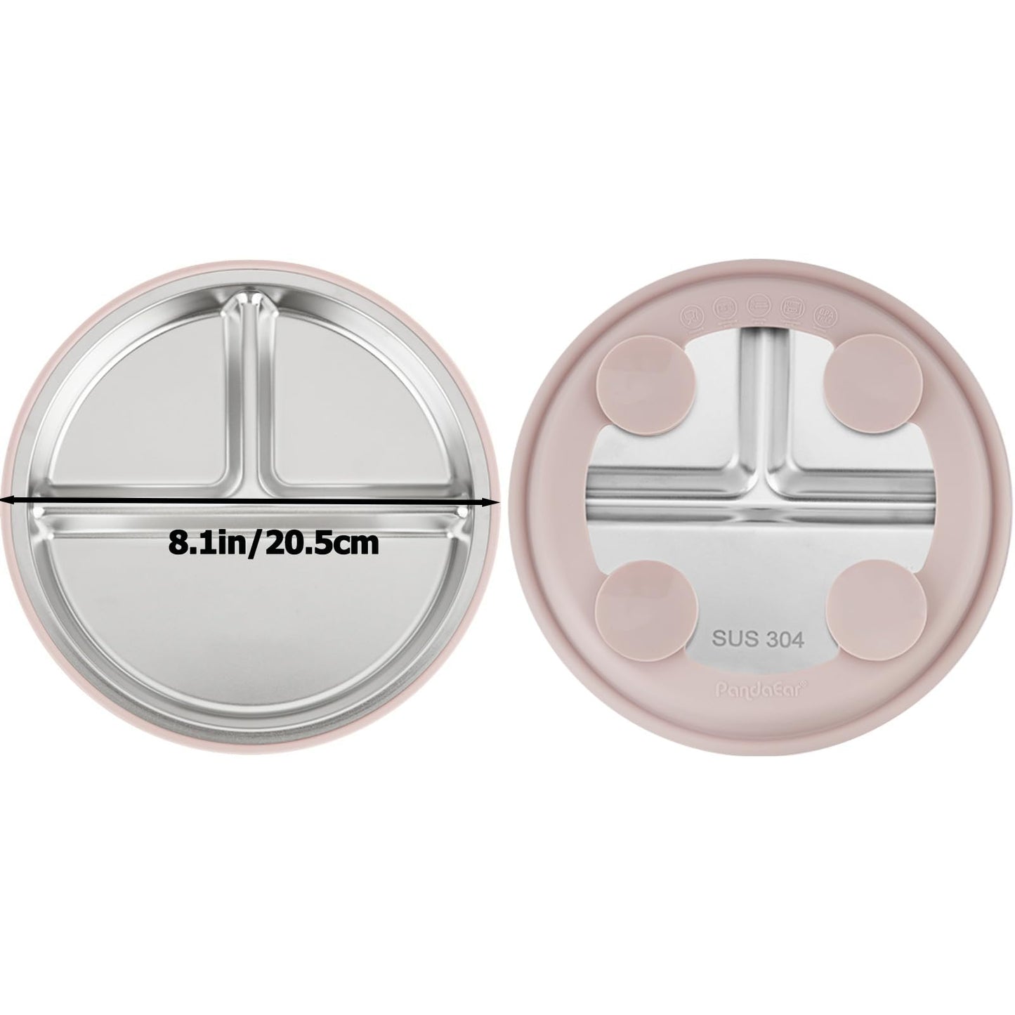 PandaEar 3 Pack Stainless Steel Toddler Plates with Suction, Divided Plates with Removable Silicone Sleeve for Babies & Toddlers（Pink/Green/Linen）