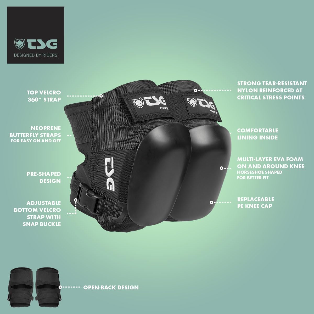 TSG Knee Pads Force III Kneepads - Skateboard, Hardshell, EVA Foam, Protective Gear, Crash Protection, Replaceable PE Cap, Tear Resistant Nylon, Certified, Open Back, Adults, Swiss Design