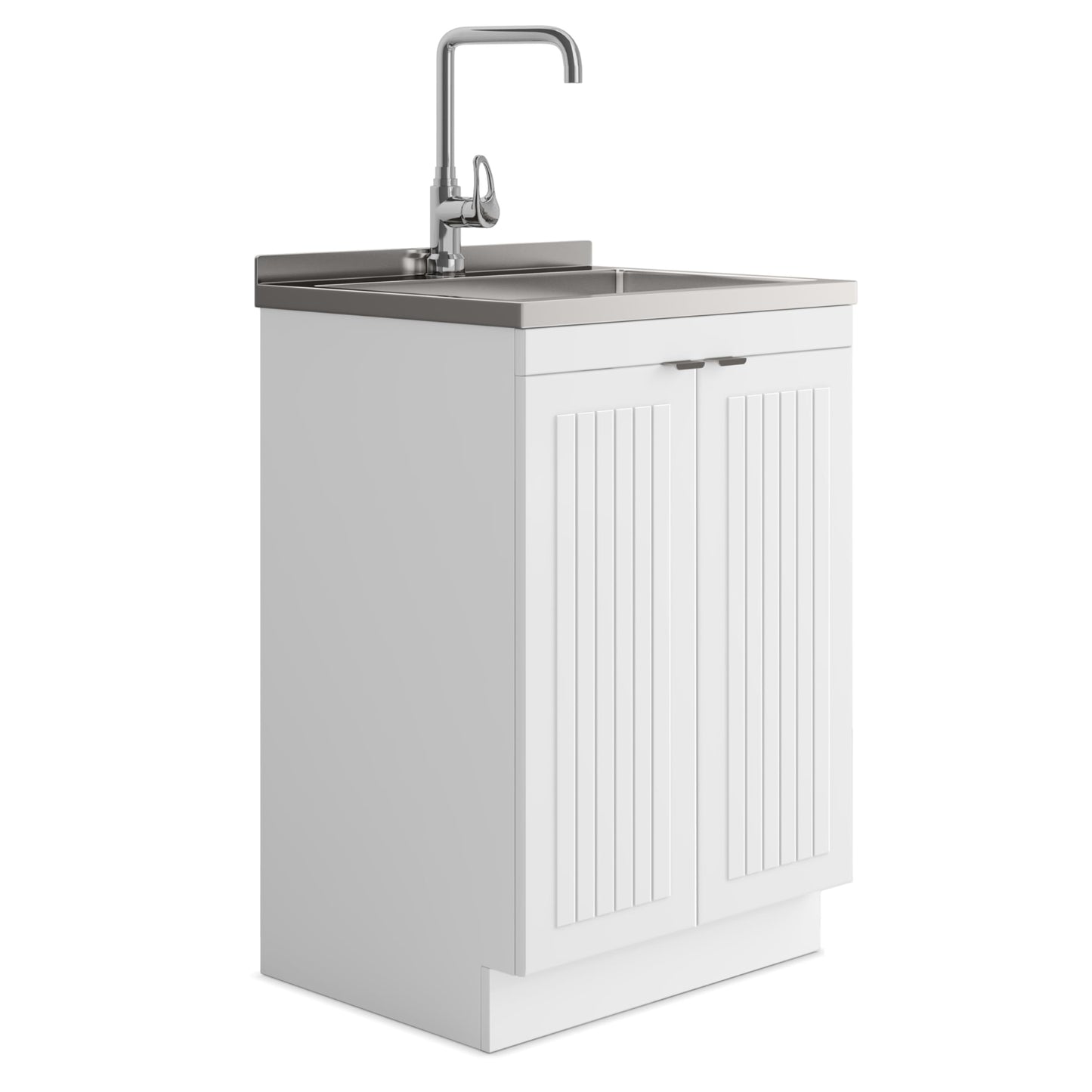 SIMPLIHOME Murphy All-in-One 24 inch Wide Utility Sink and Laundry Cabinet in Pure White Finish, Transitional Stainless Steel Sink Cabinet for Laundry Rooms with High-Arch Chrome Faucet and Storage