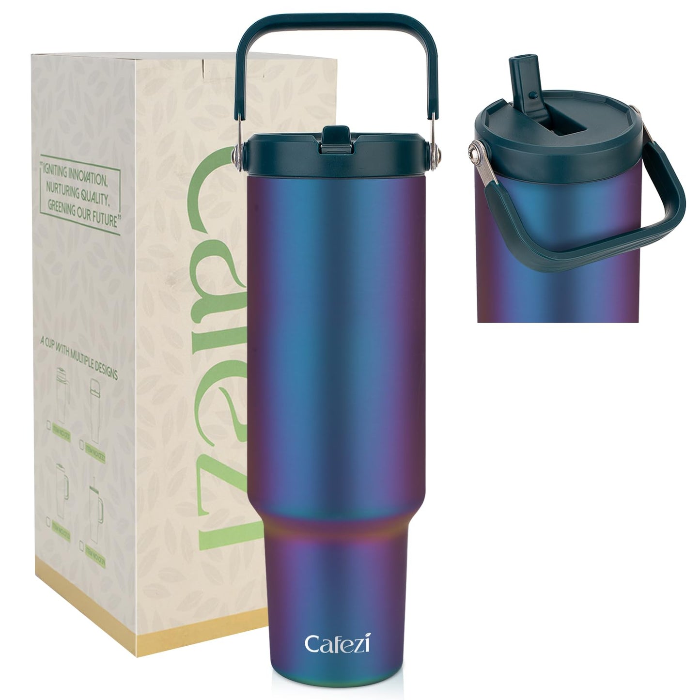 Cafezi 50 oz Insulated Tumbler with Straw, Stainless Steel Water Bottles with Flip Straw and Top Handle, Leak Proof Flip, No Sweat, Fits in Cup Holder, Vacuum Insulated Cup for Home, Outdoors, Car