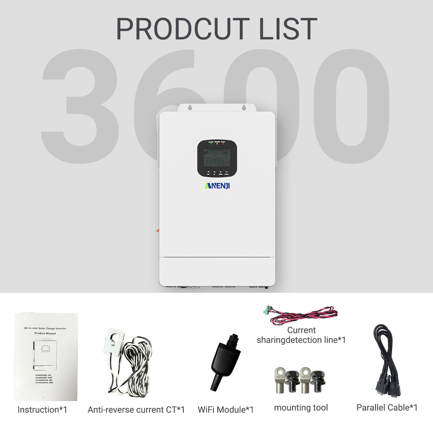 3600W Hybrid Solar Inverter 48V,DC to 110V AC,Built in 80A MPPT Controller,Multi 6 Unit Parallel,Pure Sine Wave,Off-Grid+On-Grid Systems with WiFi 120V Output for Home Backup Support Li Battery BMS