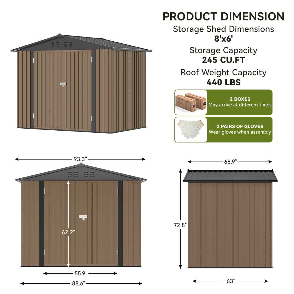 COMHOMA Shed Outdoor Storage Shed Metal,Lockable Doors Tool Sheds with Sloping Roof,Steel Garden Shed with Air Vent for Backyard,Patio,Lawn,Poolside(Brown,8'x6')