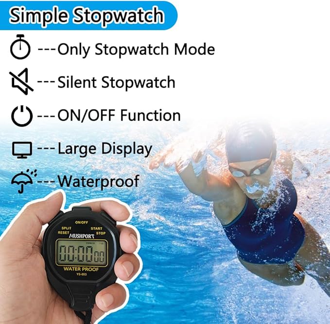 Waterproof Stopwatch Timer Only Stopwatch Mode, ON/Off Silent Simple Operation, Without Clock Date Countdown, Digital Swimming Stop Watch for Sports, Black