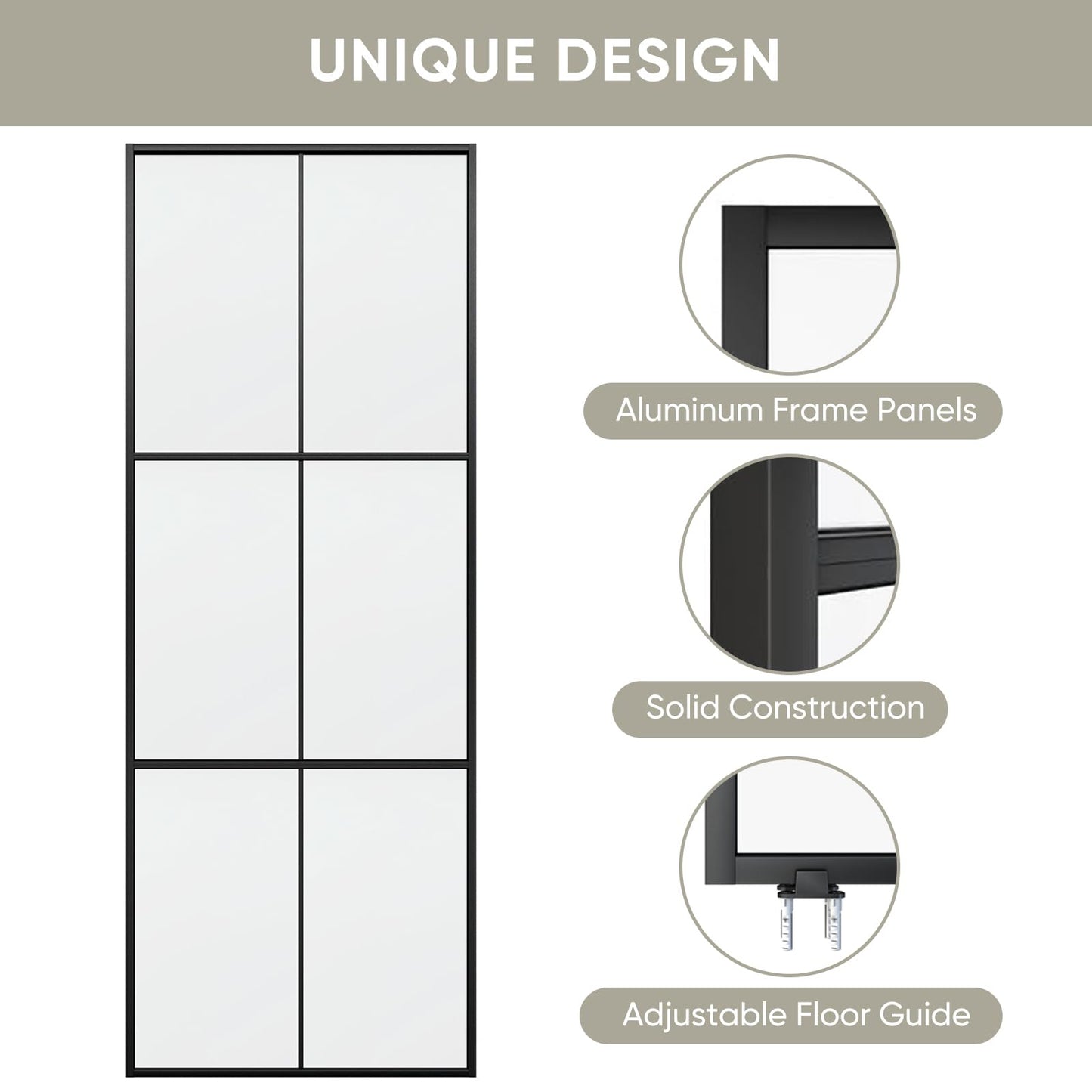 JUBEST 38in x 96in Glass Sliding Barn Door with 6.6ft Hardware kit, 3-Panel Black Aluminum Frame and Clear Tempered Glass Modern French Door, Easy to Install