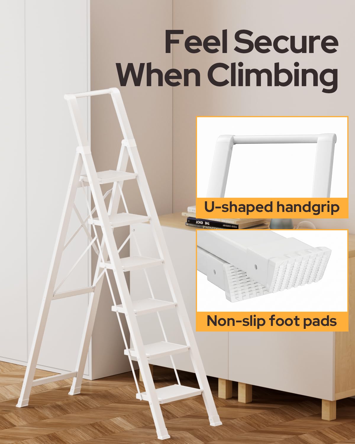 GameGem 6 Step Ladder for 12 Feet High Ceiling, Lightweight Aluminum Folding Step Stool with Convenient Handgrip, Stepladders with Anti-Slip and Wide Pedal for Home Use Space Saving - White