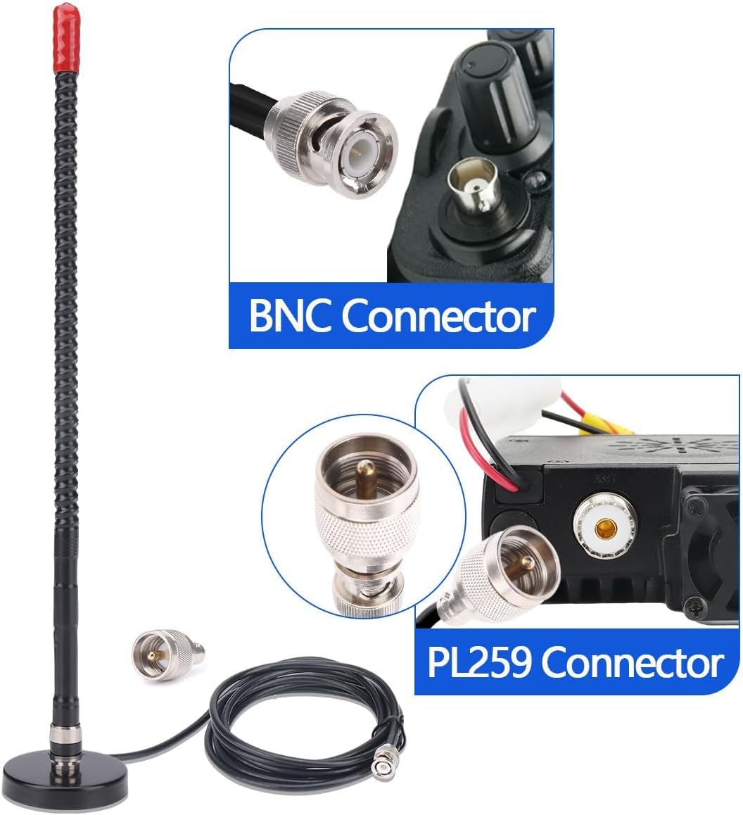 Arridioter 27MHz PL259 CB Radio Antenna Magnetic Mount Whip Soft CB Antenna Kit with BNC Male Adapter Compatible