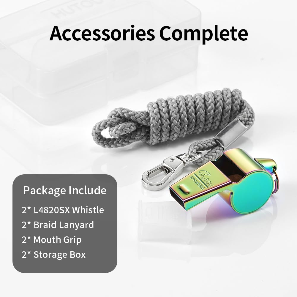 HUTOU Whistle 2 Packs Stainless Steel Coach Sports Whistle with Lanyard, Loud Crisp Sound Whistle Ideal for Coaches, Referees, and Official