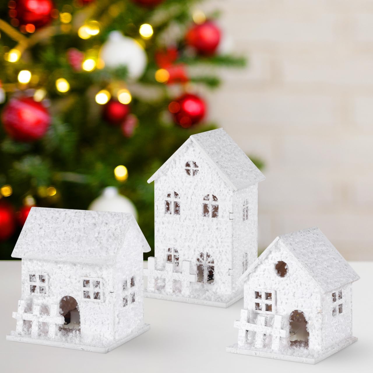 TOYANDONA LED Lighted Christmas Village Houses - 3Pcs Wooden Tabletop Decor for Holiday Display