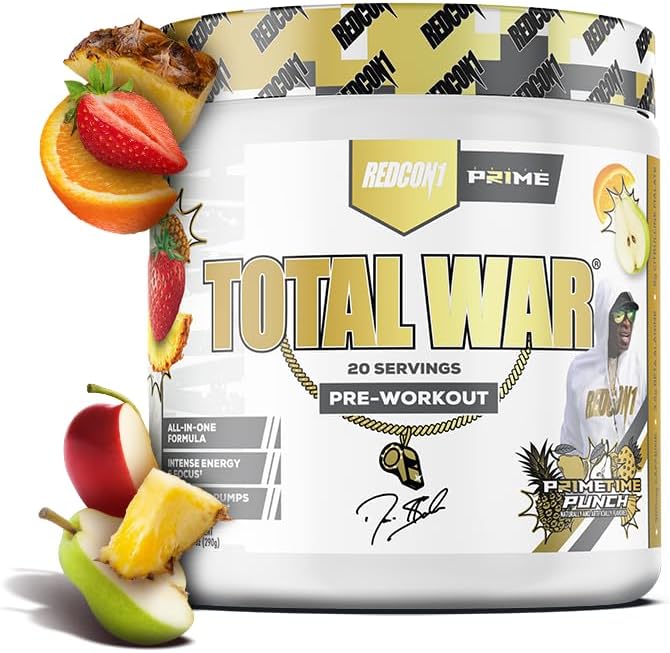 REDCON1 Total War Pre Workout, Prime Time Punch - Beta Alanine + Citrulline Malate Keto Friendly Preworkout for Men & Women with 320mg of Caffeine - Fast Acting (20 Servings)
