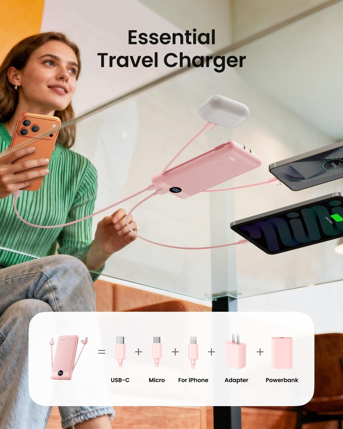 Coowisty 10000mAh Pack Portable Charger Built-in Cables and Wall Plug, Slim USB C Power Bank, LED Display External
