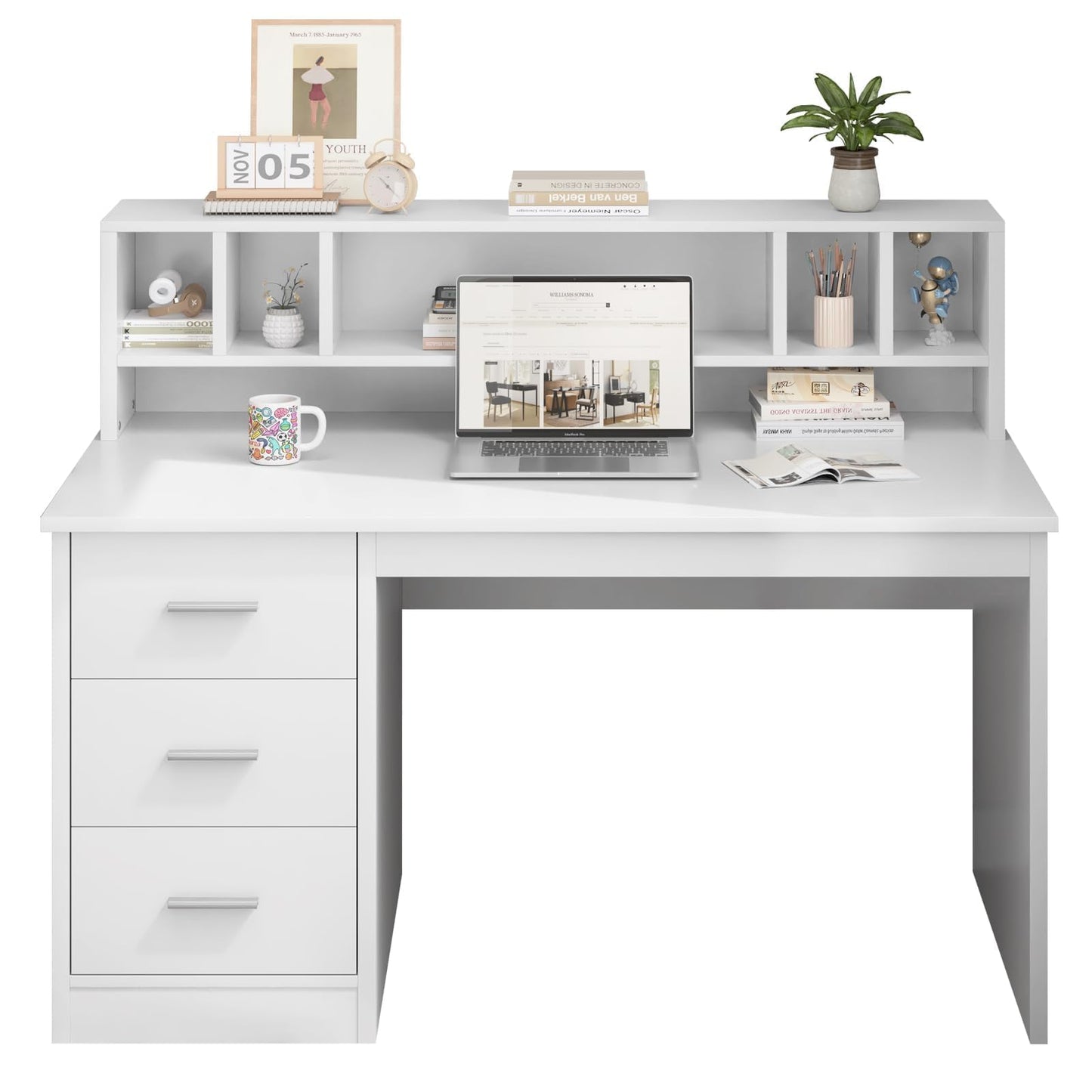 MaverickFurni White Desk with Drawers, 46" Home Office Desk with Hutch and Storage, Small Desk with 3 Drawers for Bedroom, White