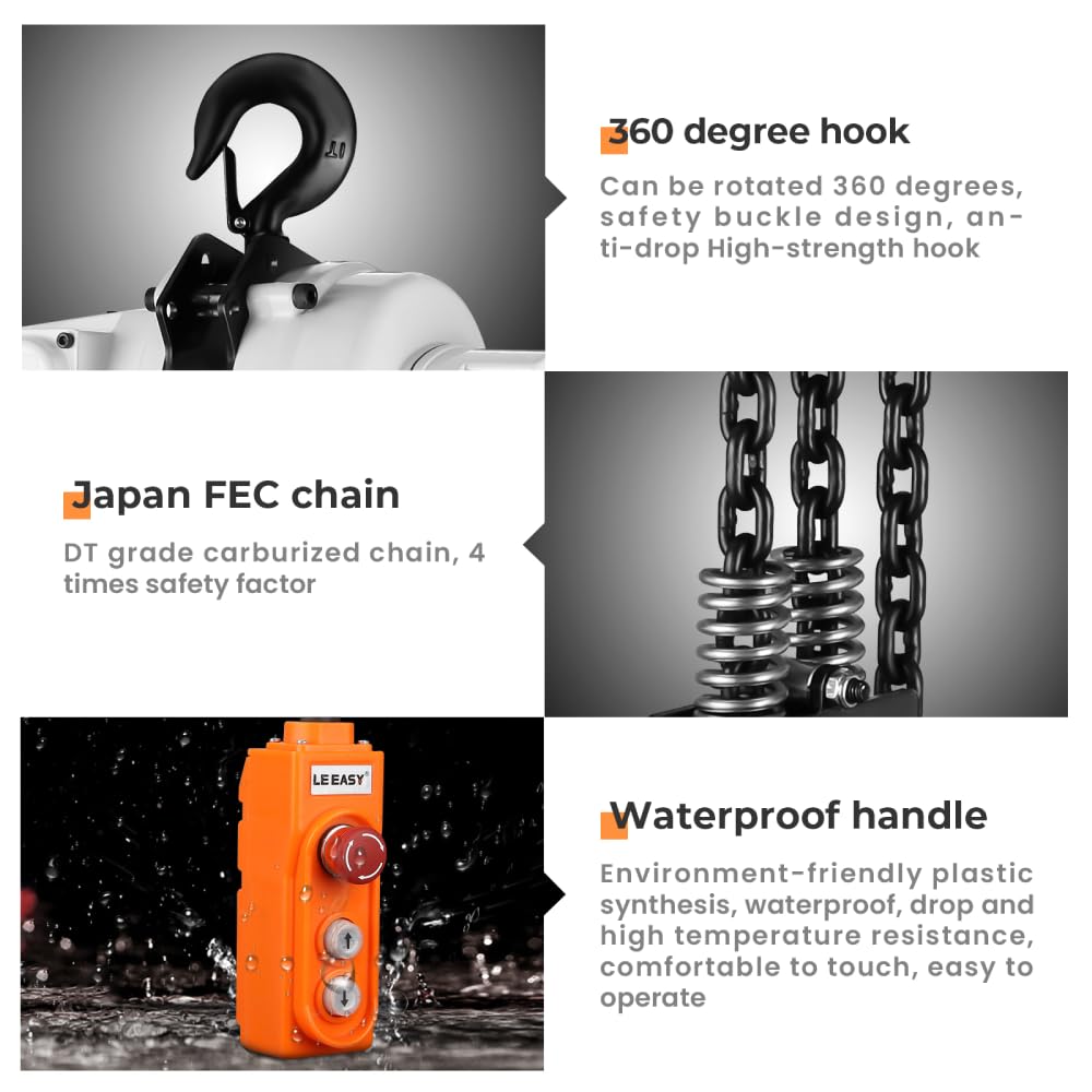 ANBULL 2200lbs FEC Chain Electric Lift Hoist Single Phase Overhead Crane Hoist, DT Grade Carburized Double Chain Hoist with Two 360° Rotatable Hook for Garage Ceiling.(1Ton, 110V,10ft Lift Height)