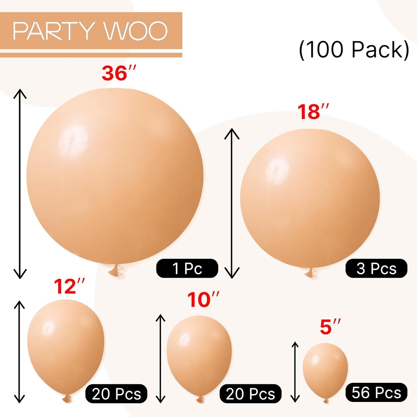 PartyWoo Nude Balloons - 100 Pcs Beige & Apricot Balloon Arch Kit | 5-36 Inch Sizes for Events