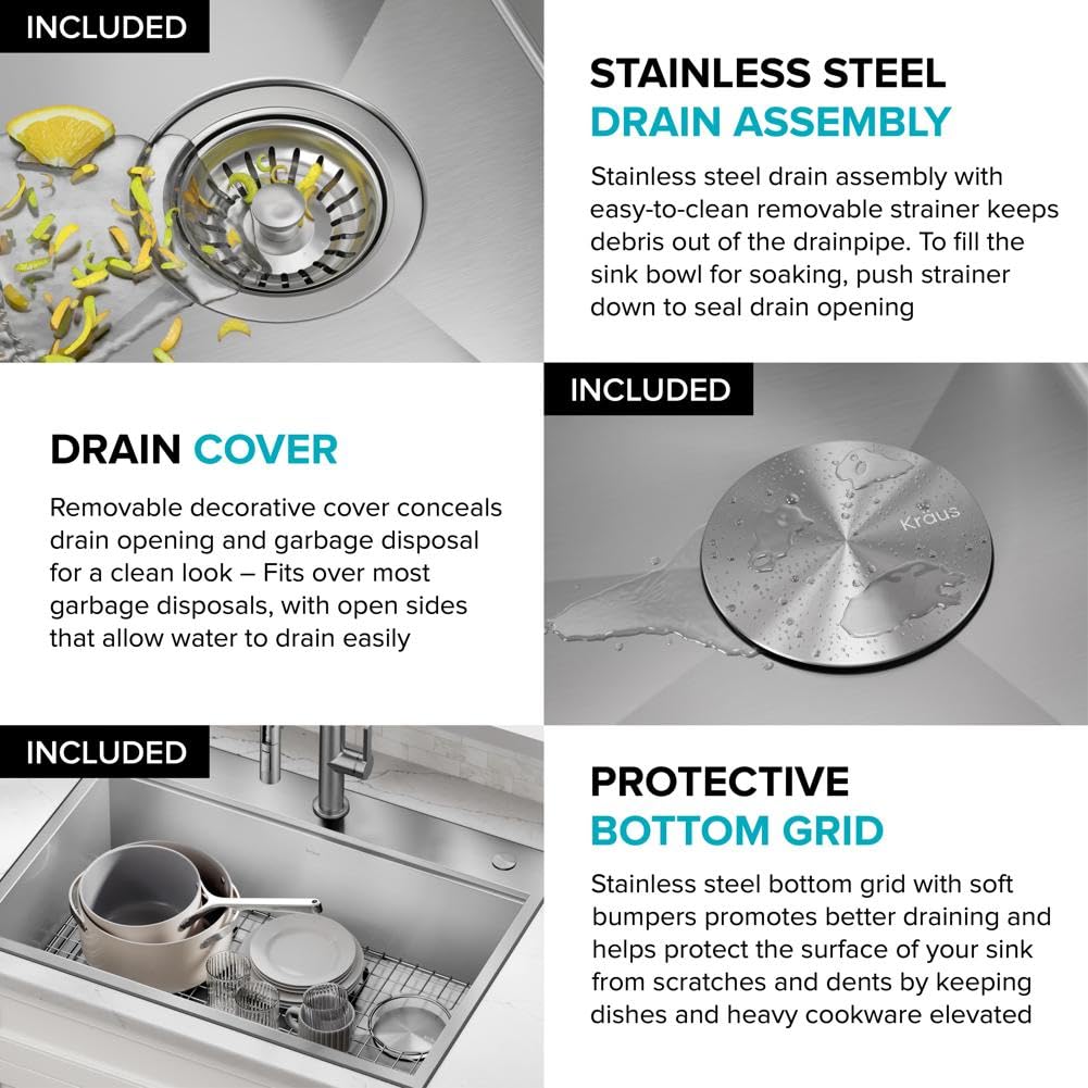 KRAUS Kore 30-Inch Drop In/Top Mount Workstation 16 Gauge 50/50 Double Bowl Stainless Steel Kitchen Sink with Accessories, KWT302-30
