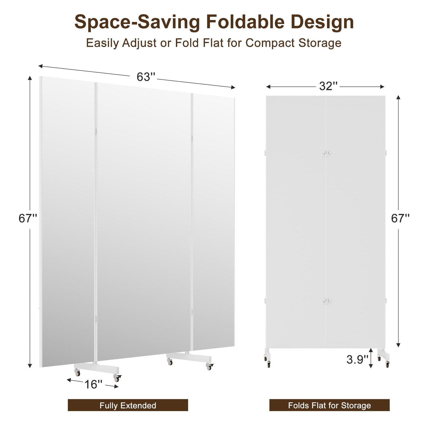 Full Length Stand Up Mirror on Wheels,63''×67'',Large Tri-Fold Floor Mirror with Stand,Movable 3-Way Full Length Standing Mirror for Gym, Dance Studio, Fitness Room, and Home (White)
