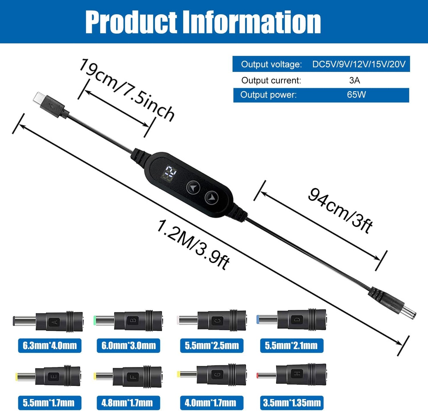 Yancincny 5V/9V/12V/15V/20V 8 (3.9ft) USB C to DC Cable with DC Conversion Heads and LED Display Screen, USB to DC