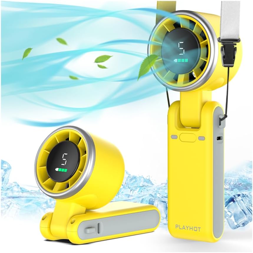PlayHot Portable Handheld Turbo Fan - 5-Speed Rechargeable 5000mAh Battery | Lightweight 3-in-1 Design, Yellow