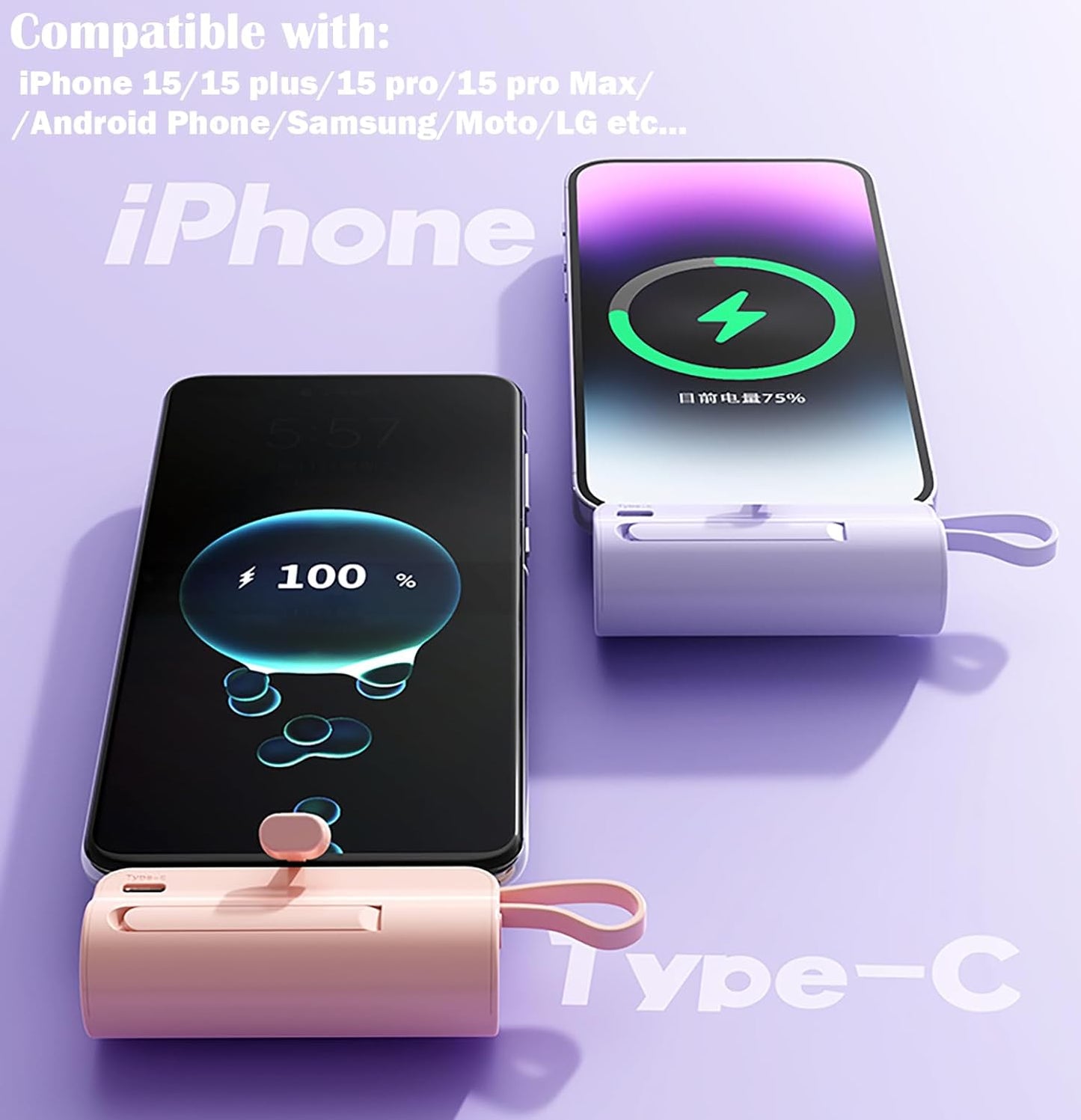 CooLuzer 5500mAh,Portable 17/16/15/15 plus/15 pro/15 Mini Power Bank,Capsule Power Phone Charger Charger with Dual