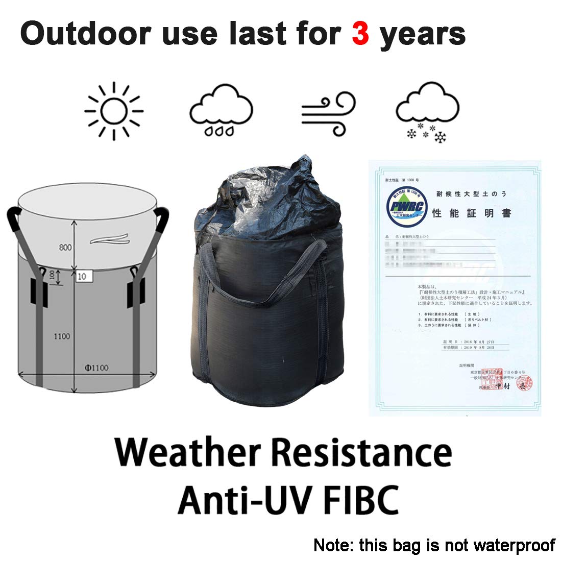 Secbolt Pack of 1 Heavy Duty FIBC Bulk Ton Bag, Anti-UV 3 Years, 3300lbs SWL, 43" Dia. x 43" H Tubular Duffle Top Flat Bottom Woven Polypropylene Bags