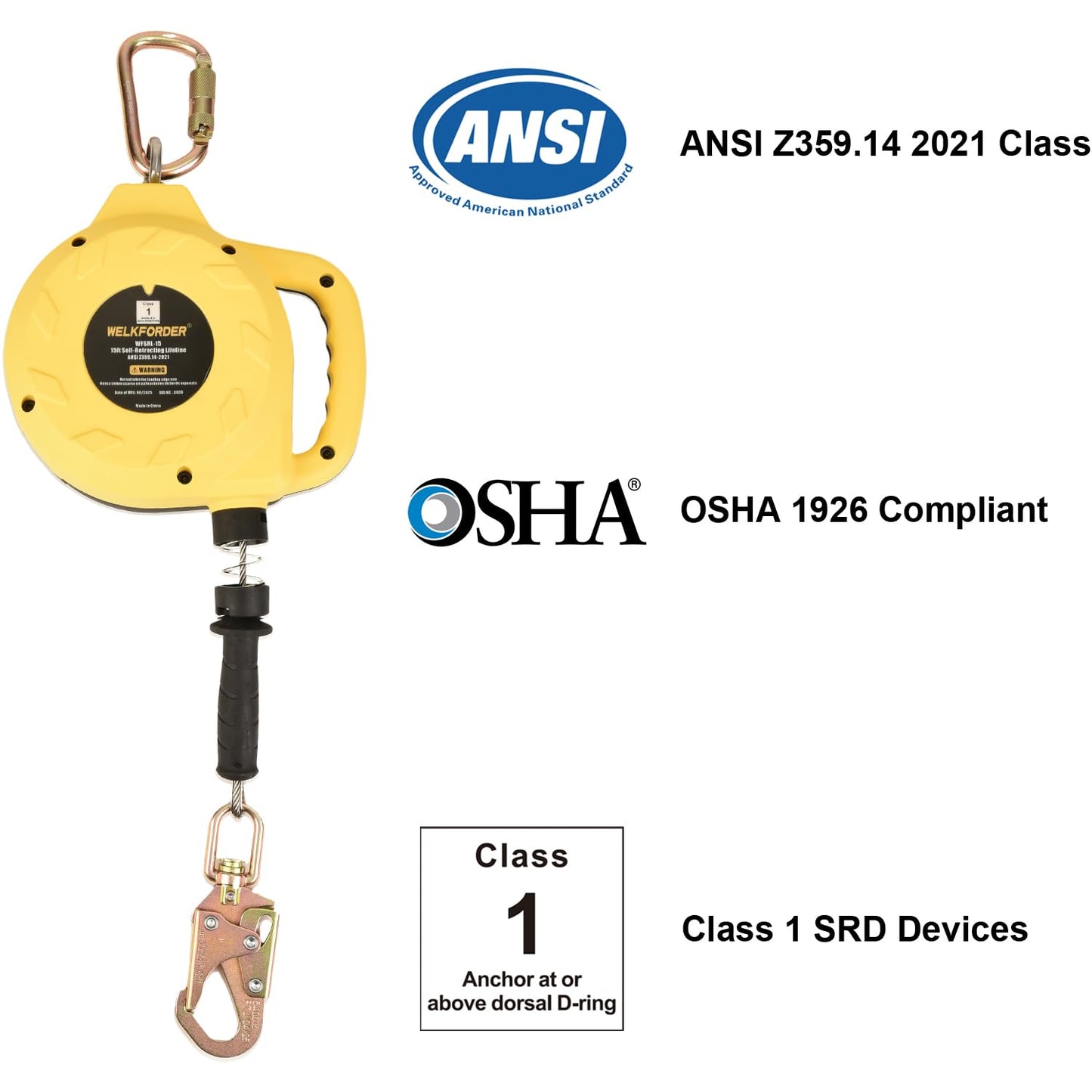 WELKFORDER Single Leg Self-Retracting Lifeline [Steel Cable] Internal Shock Absorber System Class 1 Retractable Lanyard with Quick-Action Brake ANSI&OSHA Compliant (15FT)