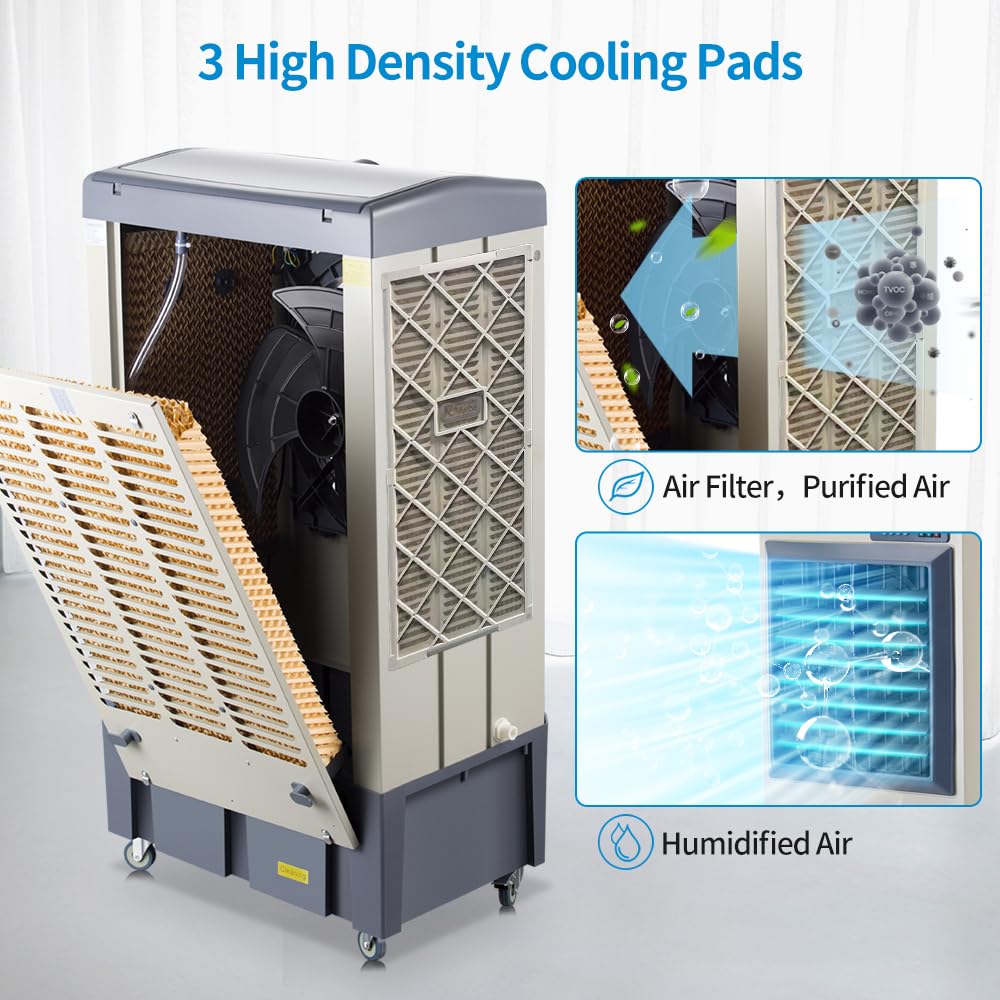 Uthfy 8979 CFM Swamp Cooler, 58" Evaporative Air Cooler with 36 Gal Water Tank, 5 Ice Box, 120° Oscillation, Portable Air Conditioner with 3 Speeds, Outdoor Cooling Fan for Garage, Patio, Factory Use