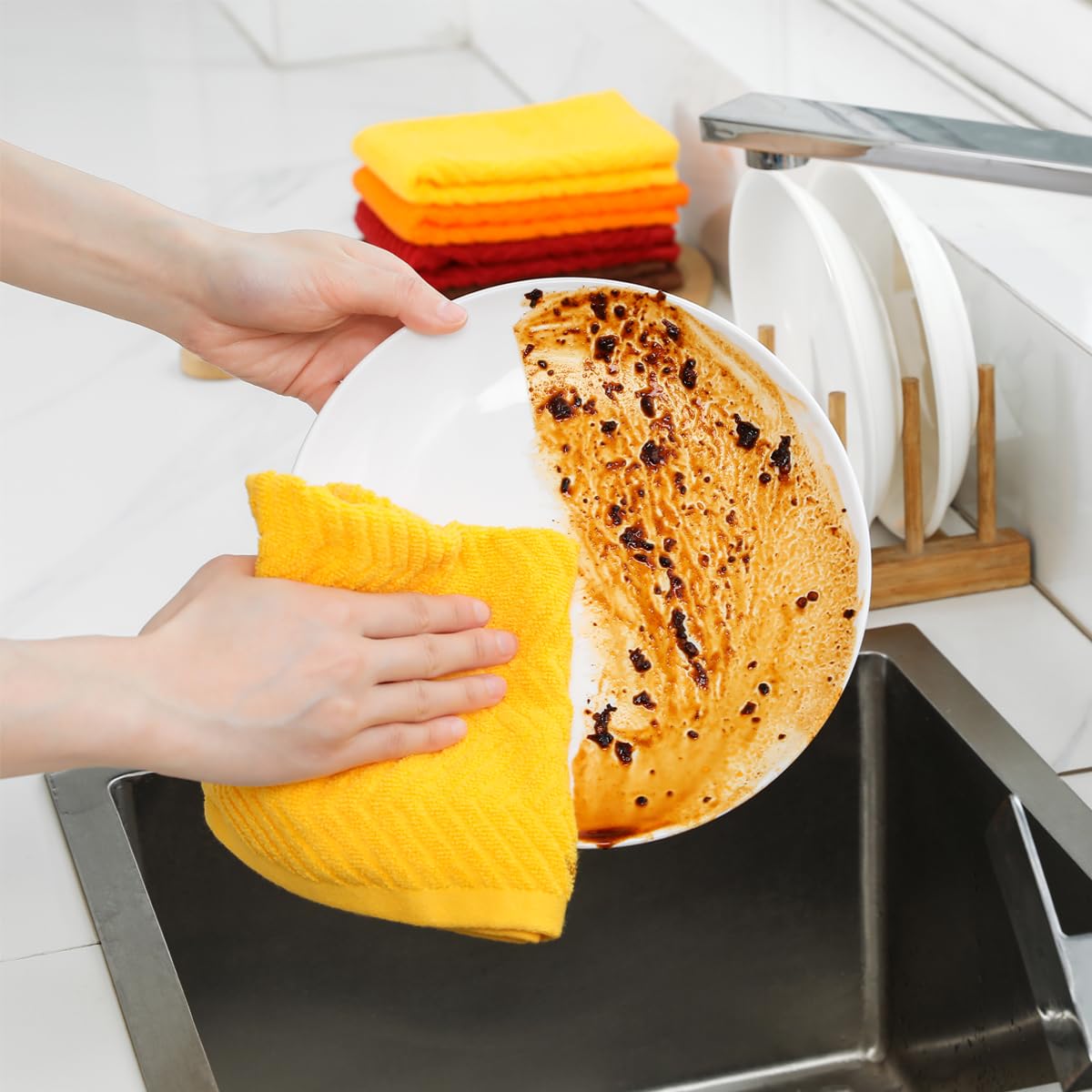QAJ 100% Cotton Kitchen Towels and Dishcloths Set, Pack of 8 Super Absorbent 16" x 25" Kitchen Towels and 13" x 13" Dish Cloths (400 GSM)