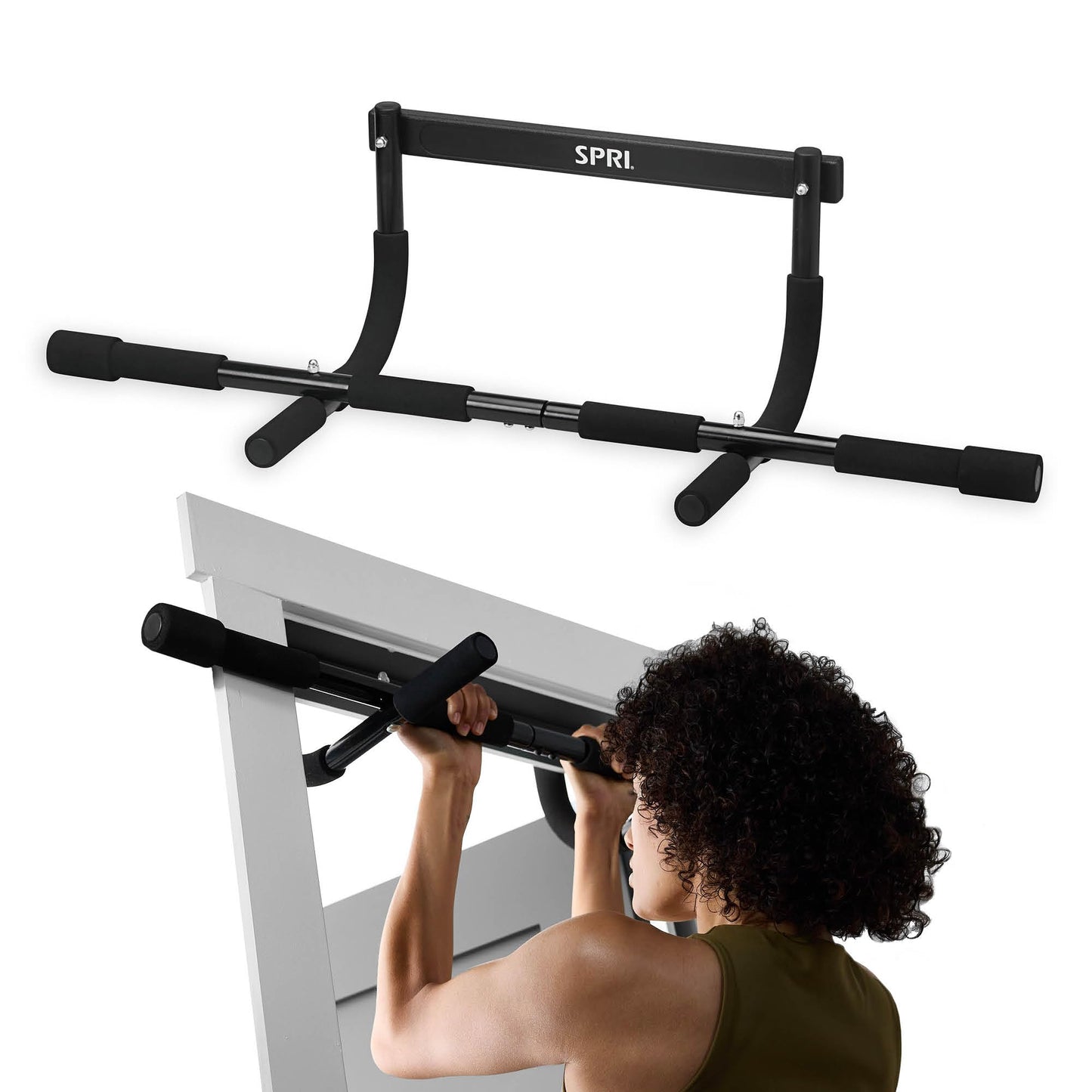 SPRI Pull Up Bar - 8-Grip Door Frame Mounting Pull-Up Bar for Versatile Workouts - Rugged Steel Frame with Foam Handles - Supports 300 Pounds - Fits Door Frames Up to 32 in. Wide – Black)