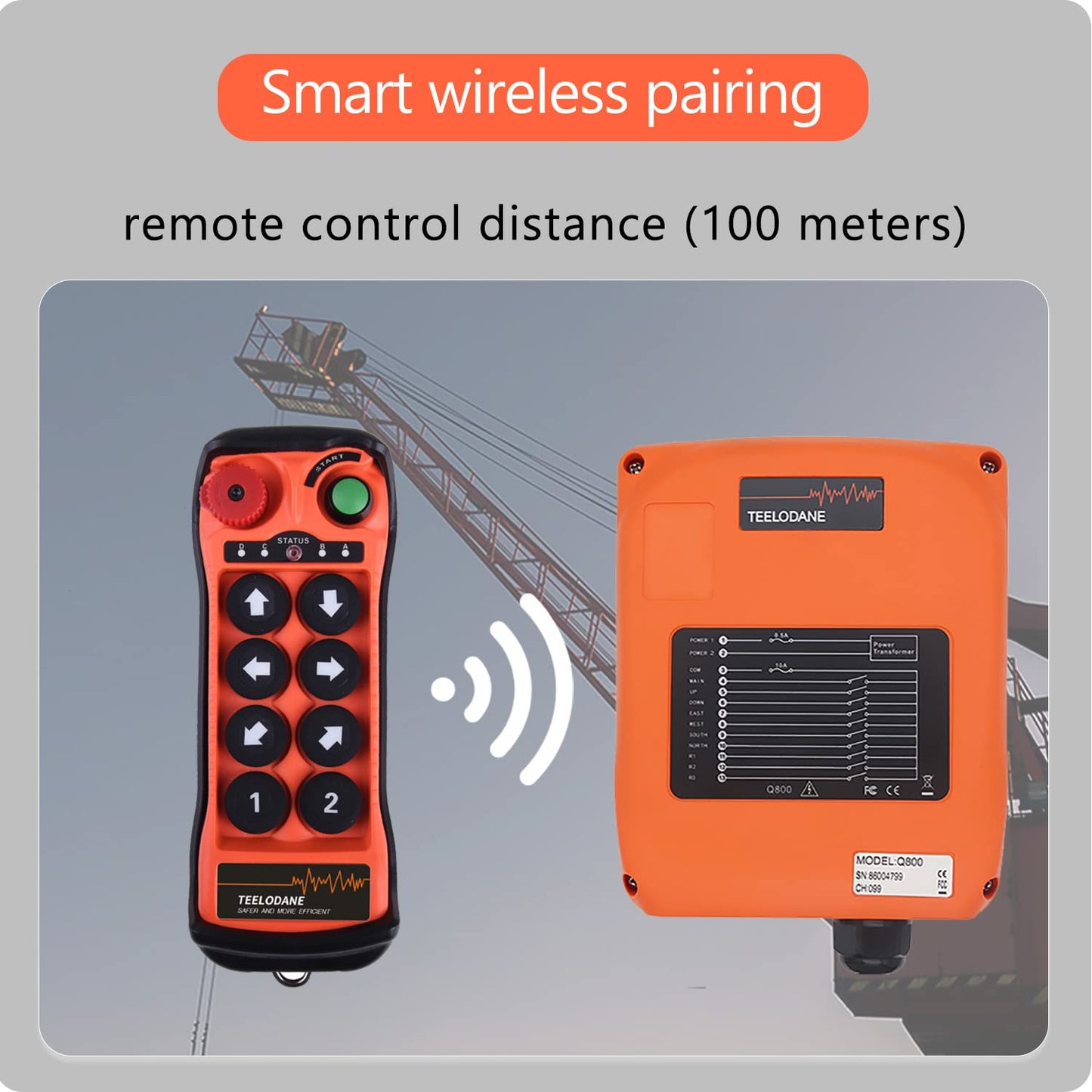 Q800 Industrial Wireless Crane Remote Control kit 8 Button 12v 24v Electric Lift Hoist Overhead Tower Bridge Transmitter Receiver with Emergency Stop