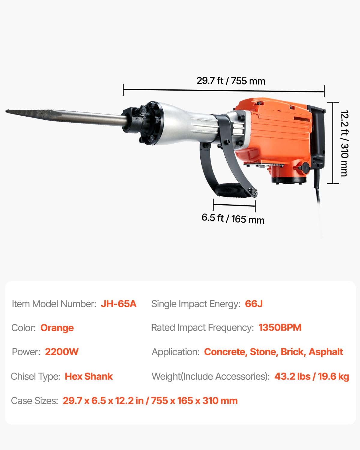VEVOR Demolition Jack Hammer, MAX 2200W Electric Jackhammer Heavy Duty, 1350 BPM Concrete Breaker 2pcs Chisels Bit Chipping W/Case