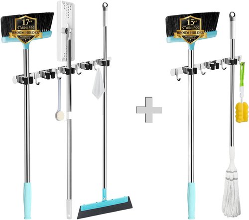 AceMining Wall Mounted Broom and Mop Holder | 5 Racks & 4 Heavy-Duty Hooks for Garage Storage
