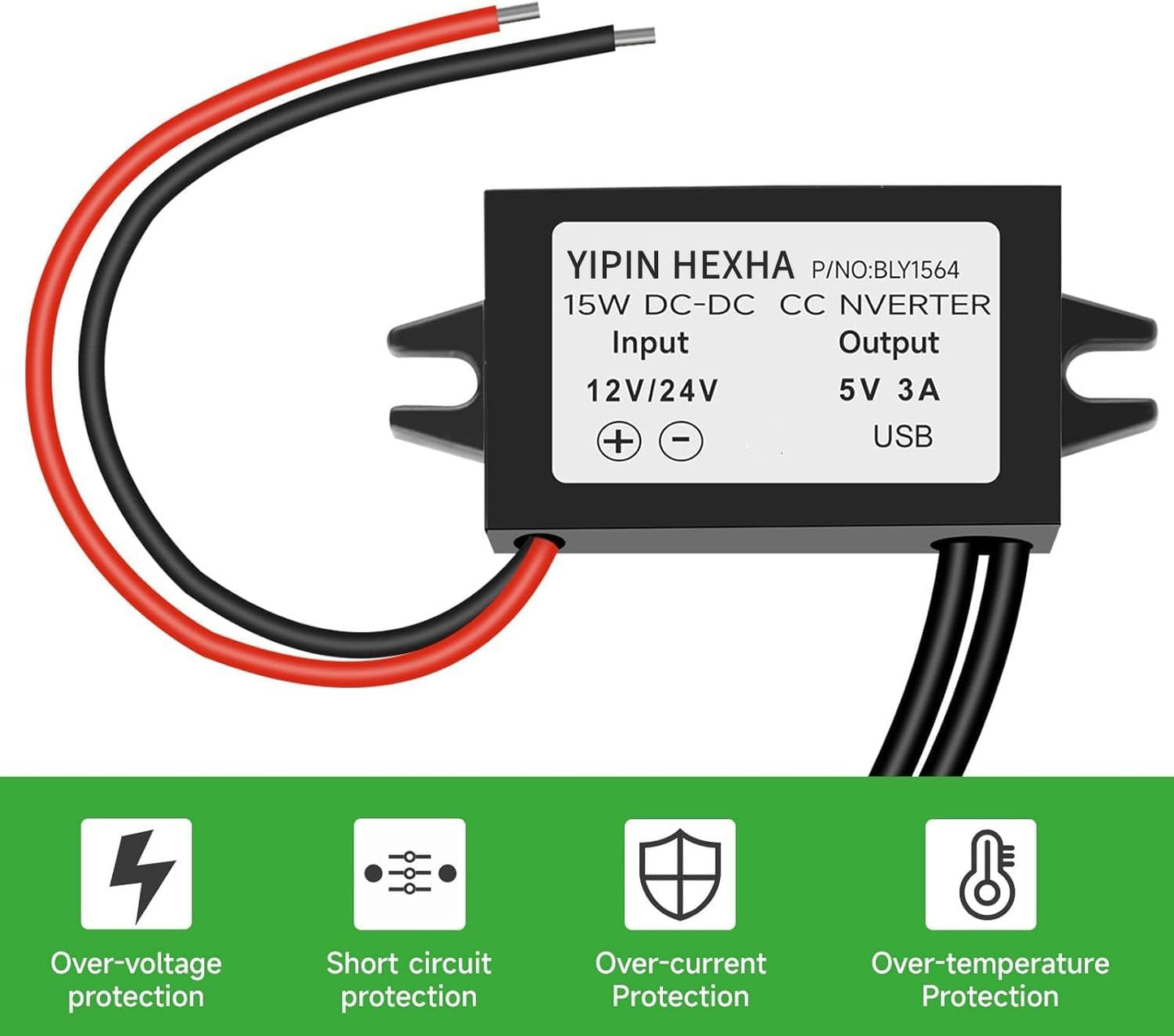 YIPIN HEXHA DC12V/24V 5V 3A 15W to USB Converter Buck Module Power Adapter DC Power Adapter Converter Buck Regulator