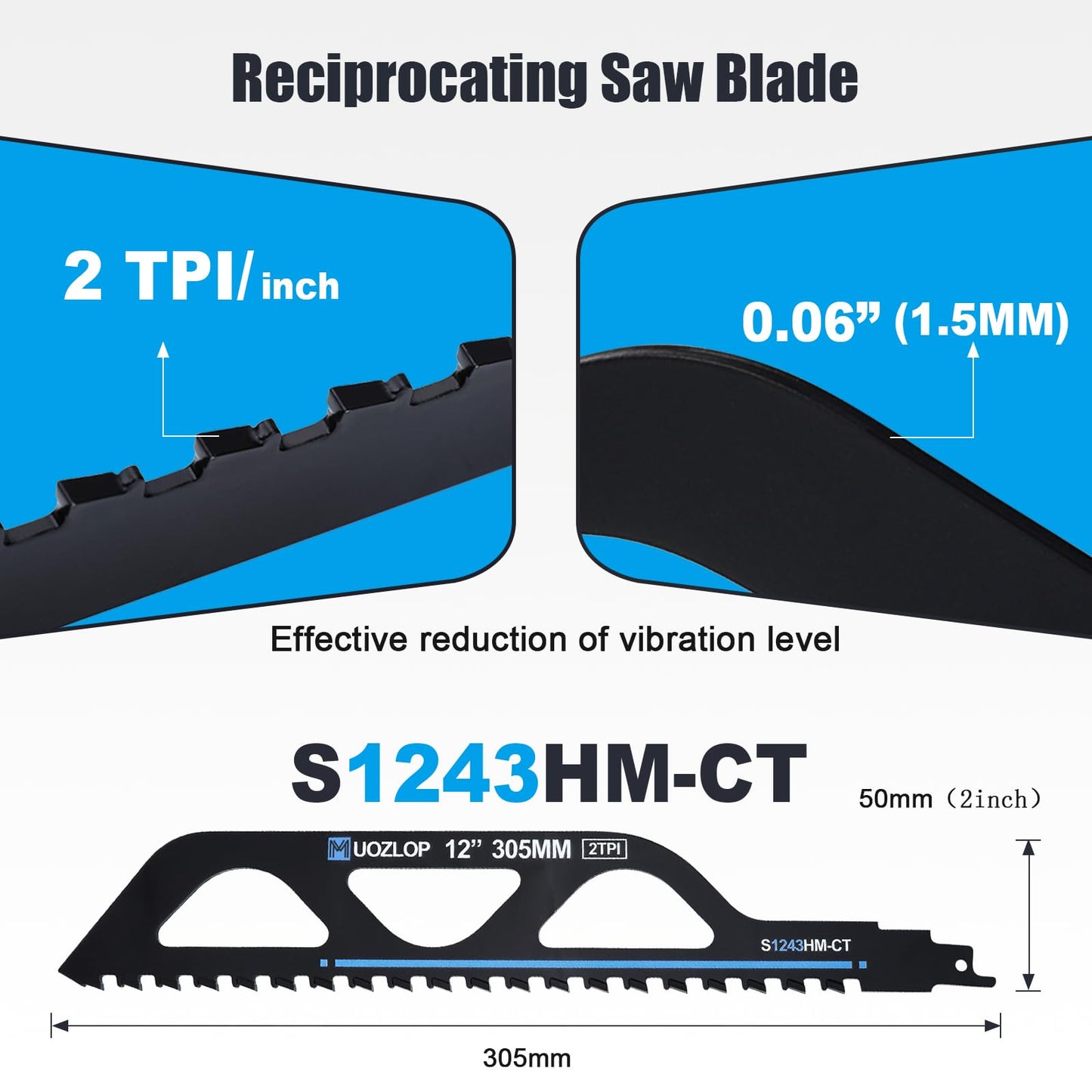 MUOZLOP 12 inch Masonry Reciprocating Saw Blades,2TPI Carbide Blade Strong teeths for Cutting Brick, Cement, Porous Concrete，3 Pack (3, 12 inch)