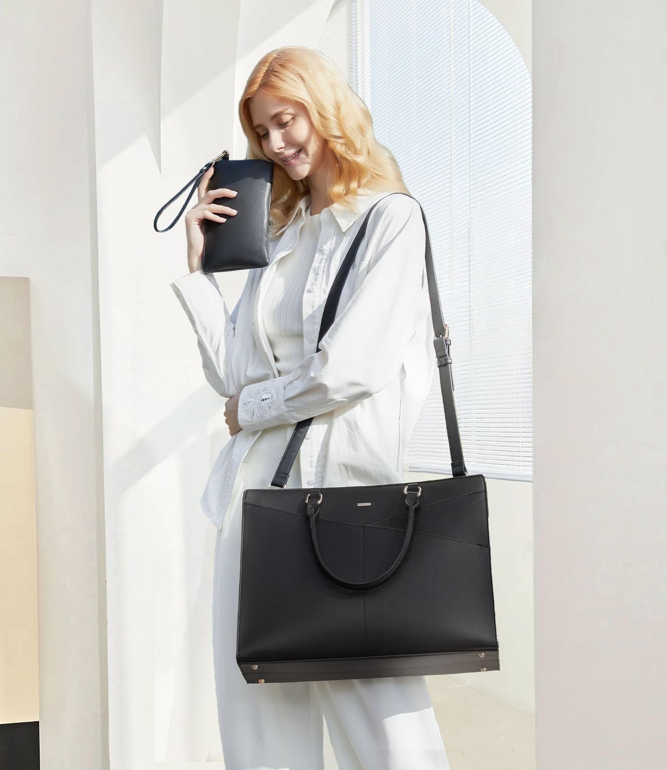 LOVEVOOK 17.3 Inch Laptop Tote Bag for Women, Leather Business Office Work Bag Computer Briefcase with Small Clutch fit