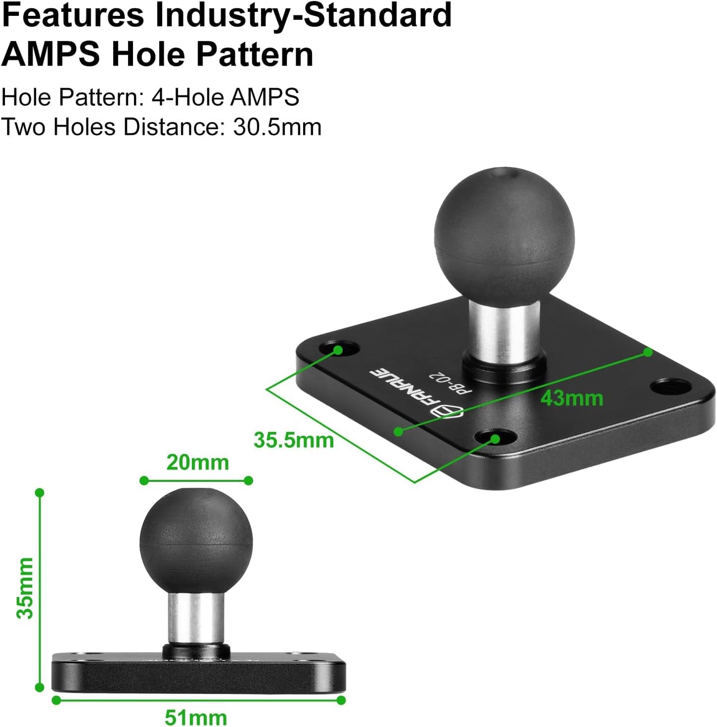 4-Hole 20mm (0.787 inches) 20mm FANAUE Aluminum AMPS Base Mount with Mounting Ball for Ball Mount arm