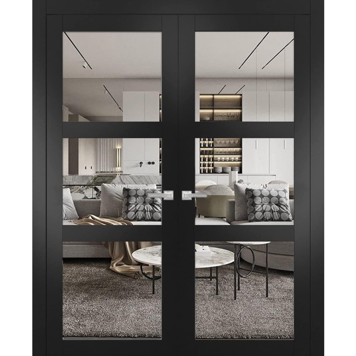 Interior Solid French Double Doors | Lucia 2555 Matte Black with Clear Glass | Wood Interior Solid Panel Frame Trims | Closet Bedroom Sturdy Doors -64" x 80" (2 * 32x80)-Clear Glass